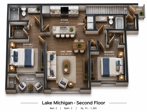 Floor plan for 2 beds, 2 baths, 1303 sqft